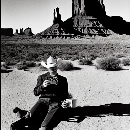 Prompt: a cinematic 5 0 s portrait photography of john wayne eating chocolate chunk space cookies, cowboy, monument valley landscape, farwest,