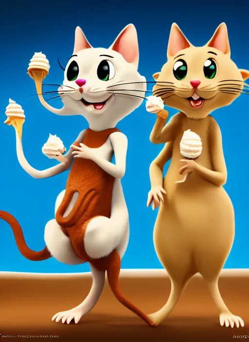 Image similar to tom and jerry eating ice cream full - body and head view, highly detailed, zeronis style, artstation, soft light, sharp focus, illustration, character design, concept art