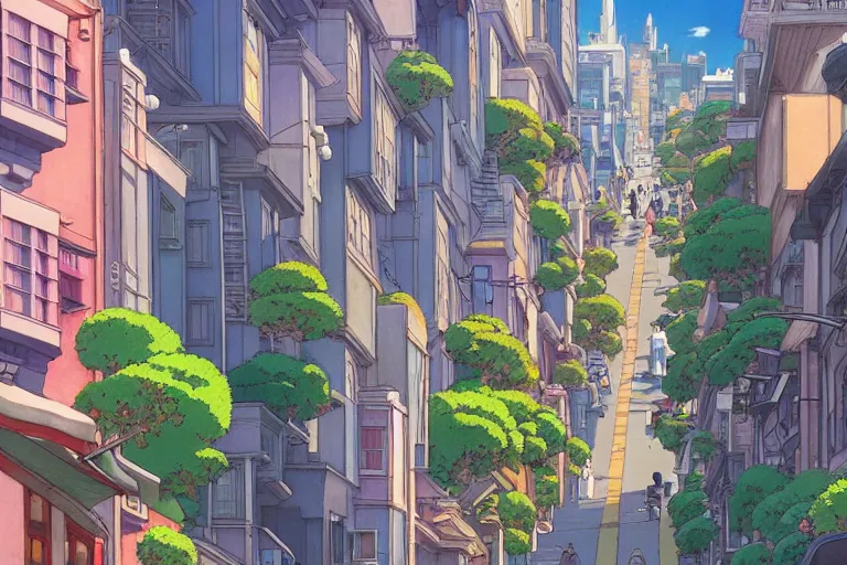 Image similar to still from studio ghibli movie'alone in san francisco'; 8 k ; very detailed, focused, colorful, antoine pierre mongin, trending on artstation ;