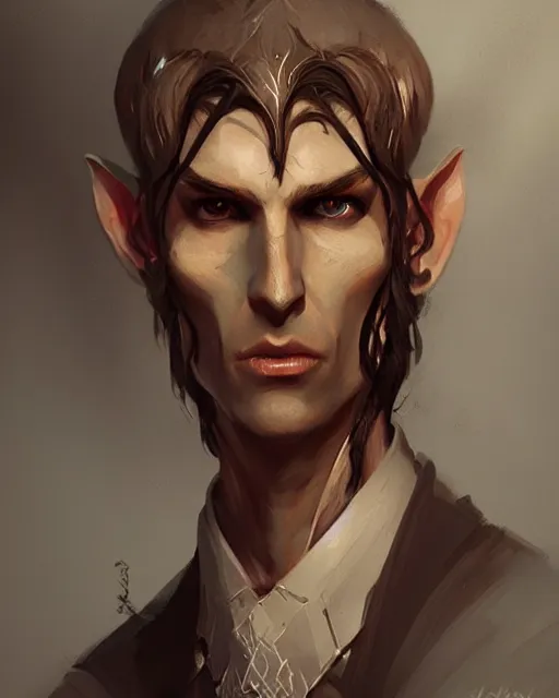 Image similar to character portrait of a slender half - elven man, by greg rutkowski, mark brookes trending on artstation