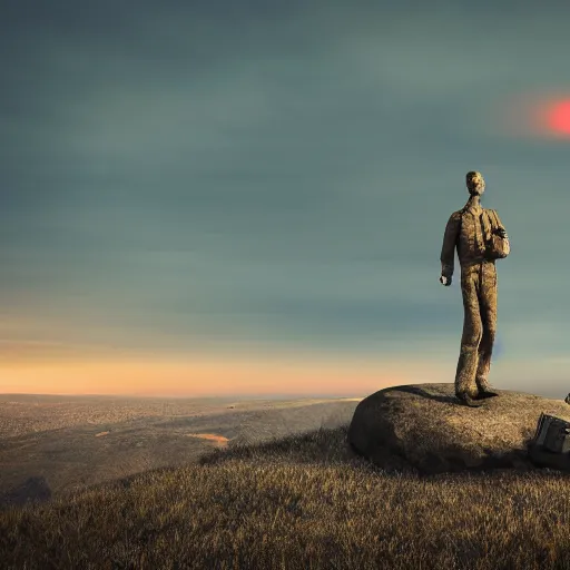 Image similar to a mannequin standing in a hill with a nuclear detonation in the background, 3 d render, octane, ray tracing, ultra detailed, photorealistic, ultra high resolution, 8 k, night time