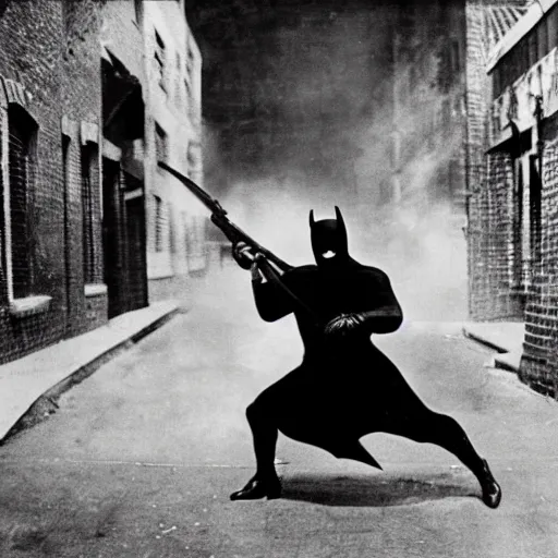 Image similar to old black and white photo, 1 9 2 5, depicting batman fighting a gangster in an alley of new york city, tommy gun, rule of thirds, historical record