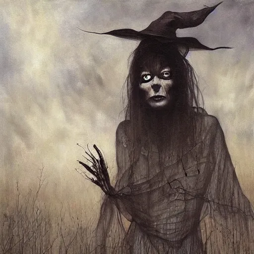 Prompt: an oil painting of a witch by esao andrews. circa survive album cover art. dark. muted colors. gothic. oil painting with brush strokes. creepy.