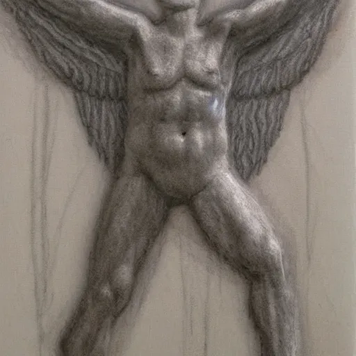 Image similar to A glowing angel in the shape of a man made of string, biblical, charcoal drawing