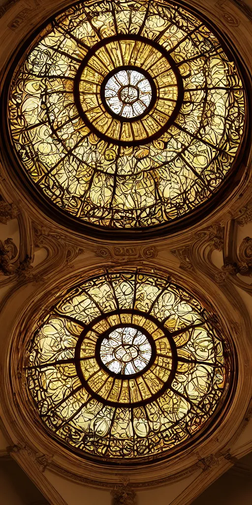 Prompt: stained glass rotunda, baroque, art nouveau, up light