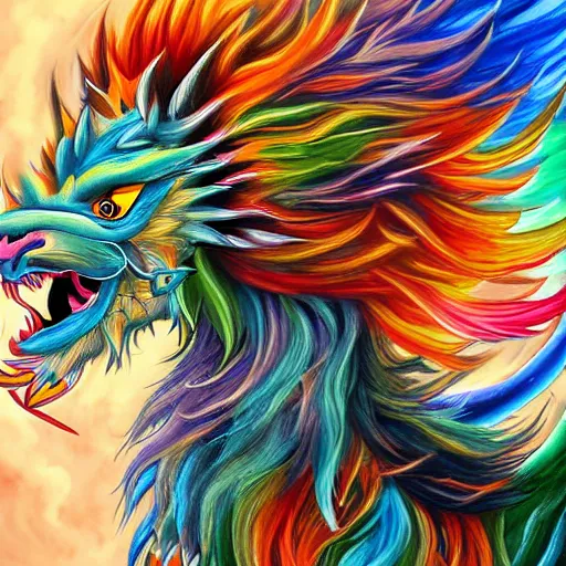 Prompt: cute fluffy baby chinese dragon with long colorful flowing lion mane with mohawk hairstyle hybrid animal detailed painting 4 k