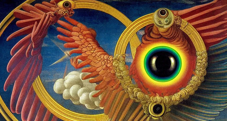 Image similar to painting of rainbow ophanim surrounded by large diagonally rotating rings, ophanim has bird wings, giant eyeball in the middle of the ophanim, by roberto. ferri, sandro botticelli, by caravaggio, by alexandre cabanel, by george clark stanton, amazing details, mythological, biblical, beautiful composition