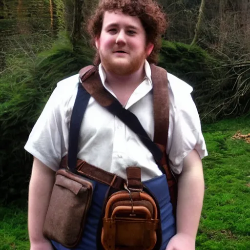 Prompt: pudgy british lad with short curly dark brown hair as a hobbit wearing a white men's crossbody sling chest bag and blue vest