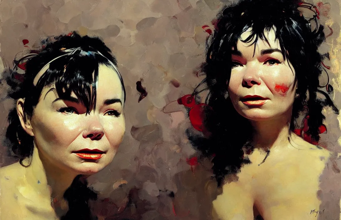 Image similar to portrait of bjork!!!!!!!!!!!!!!!!!!!!!!!!!!!, detailed face, detailed painting, epic lighting, by ilya repin, phil hale and kent williams