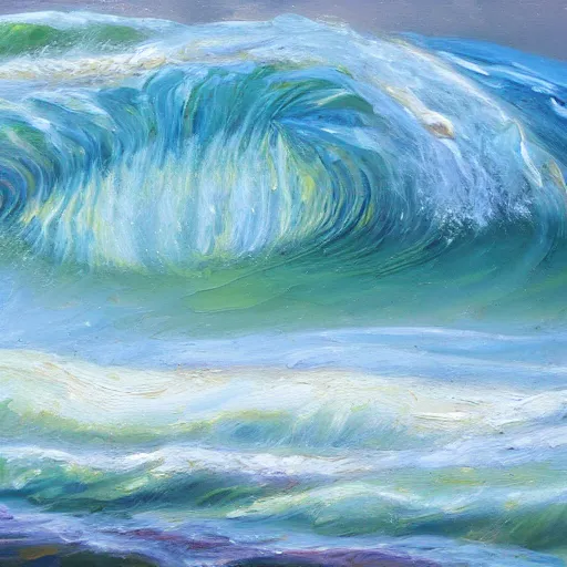 Prompt: an impasto oil painting of a barreling wave