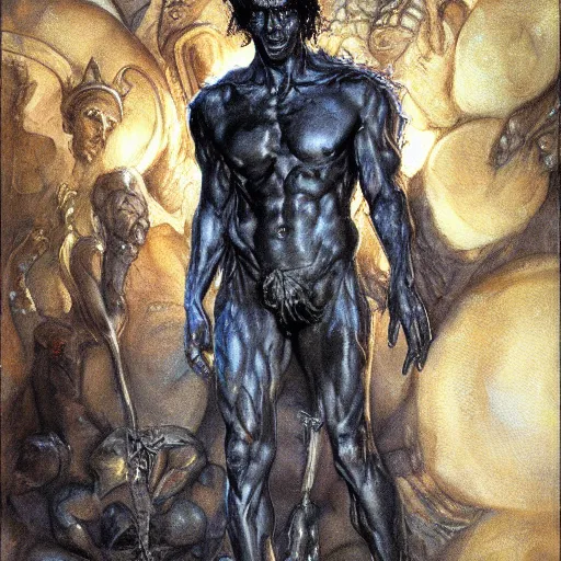 Prompt: Roguish Picaro Dsurion stands at the gates of Hades Hand Crafted By Rodin. Painting by Donato Giancola Jeff Simpson stamp watercolor