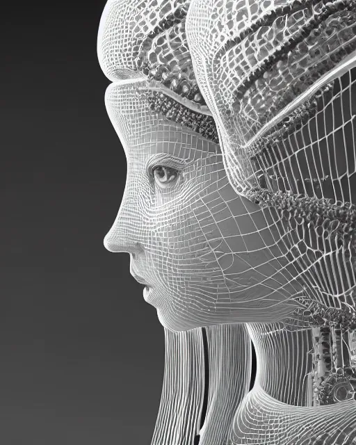 Image similar to mythical dreamy black and white organic translucent bio-mechanical spinal ribbed profile face portrait detail of mechanical beautiful female angelic-snowy-human-doll, highly detailed, intricate crystal jelly steampunk ornate, poetic, 3D render, digital art, octane render, 8K artistic photography, photo-realistic, by Dora Maar