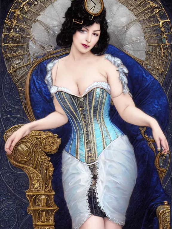 Prompt: portrait of a steampunk ice lady, elegant corset, d - cup, pale white skin, sky - blue dress, robes, black jewerly, dark blue hair, sitting on ice throne, beautiful fractal ice background, ornamental, highly detailed, detailed face, smooth, sharp focus, digital painting, by artgerm and greg rutkowski and alphonse mucha