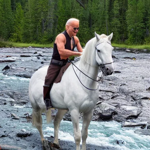 Prompt: joe biden top less sitting on a horse by a river in Alaska