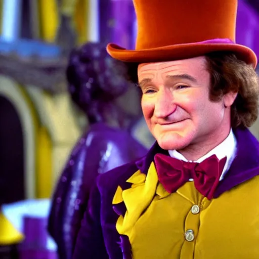 Image similar to stunning awe inspiring robin williams as willy wonka movie still 8 k hdr atmospheric lighting