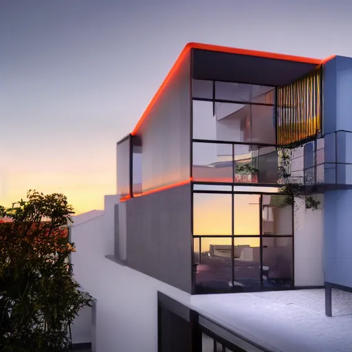 Prompt: extremely detailed non-Euclidean stunning sophisticated very thin beautiful house of 6 levels designed future, stunning volumetric light, sunset, multi-colored concrete and glass and translucent material, stunning skied, 8k