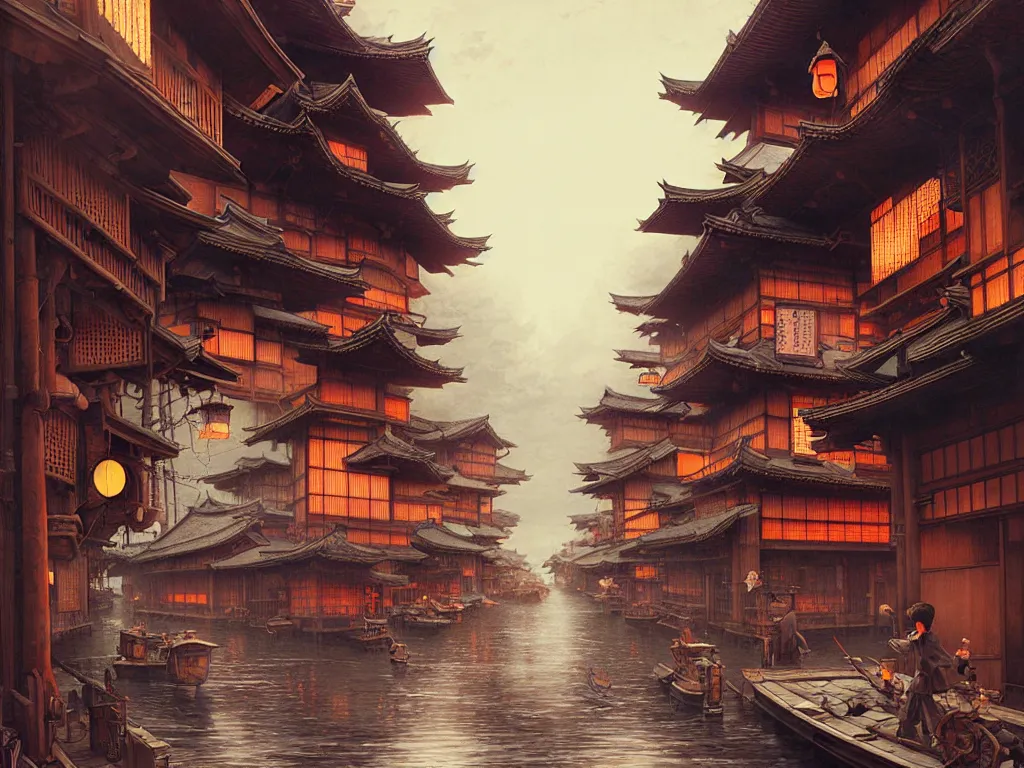 Image similar to old japanese street view from the harbor, d & d digital painting, intricate details, ultra realistic, beautiful, volumetric lighting, warm colors advance, cell shading, by james jean, greg rutkowski, gerald brom,