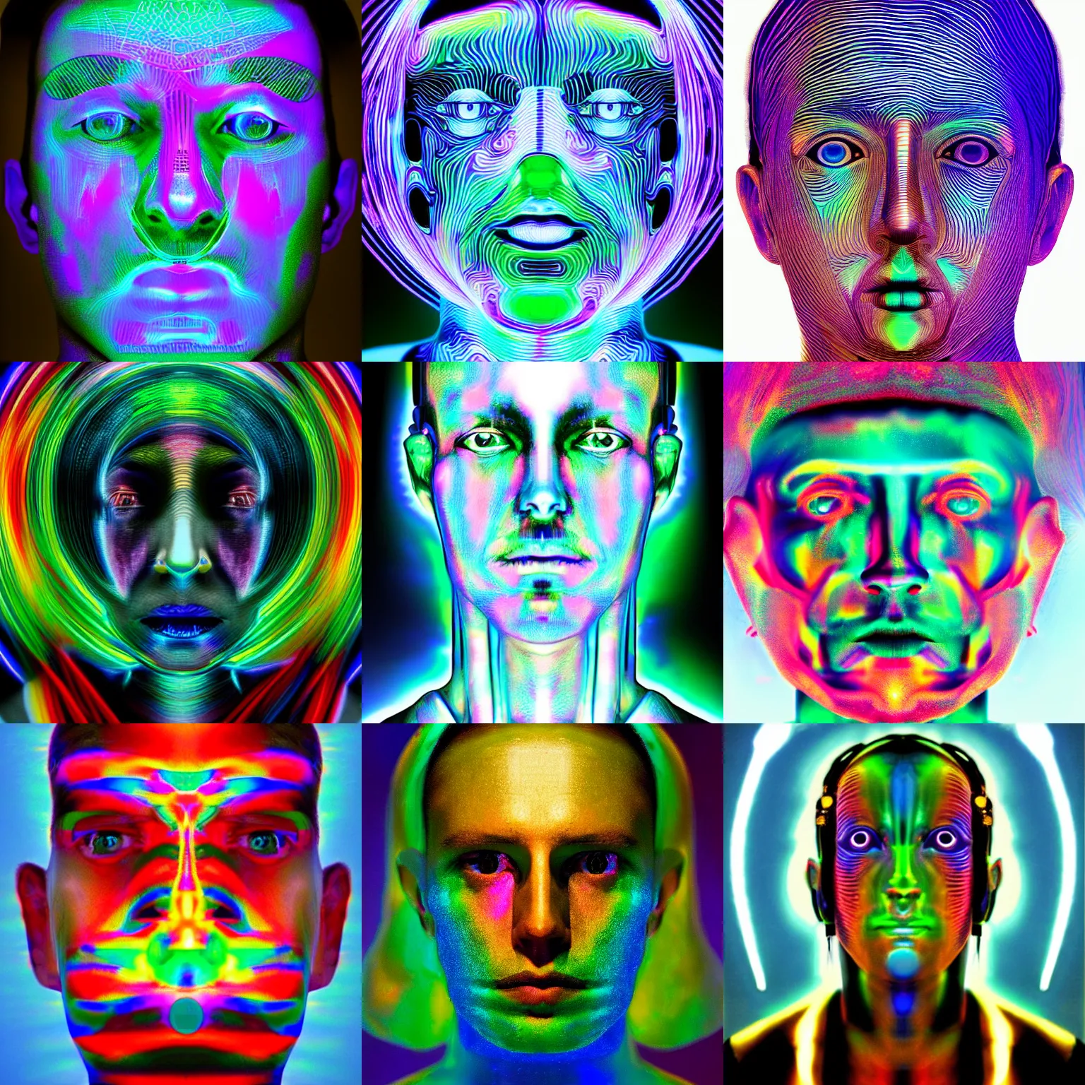 Prompt: symmetry!!! face only photographic portrait of a cybernetic person made of iridescent clouds