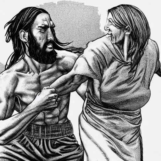 Image similar to ripped jesus punching an old lady, highly detailed, hyper realistic,