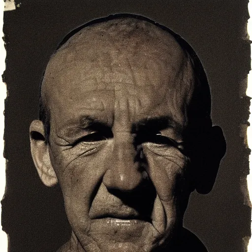 Prompt: a portrait a very ordinary person, by Alberto Burri, monochrome, tar, burnt, hessian sack