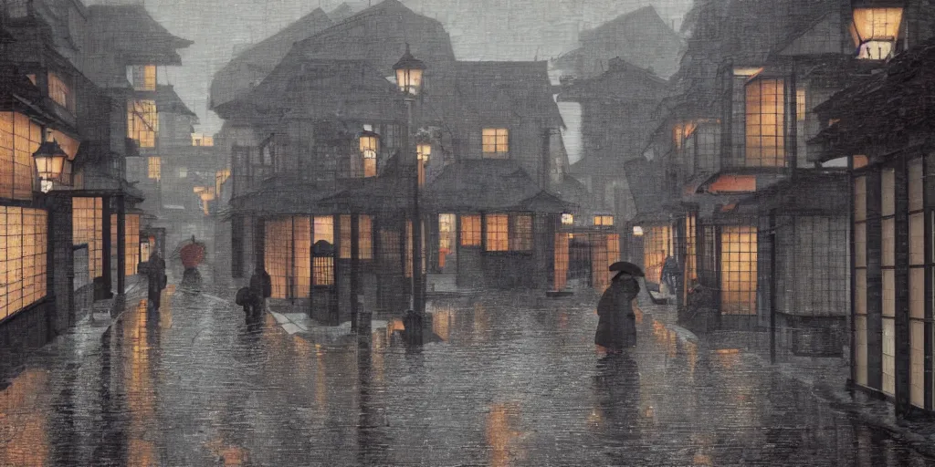 Prompt: a typical japanese city street in the rain, vermeer painting, dark academia aesthetic, matte painting, photorealistic, grey overcast day