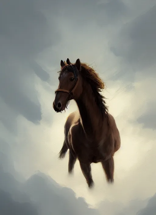 Image similar to oil painting bird's eye view of a horse on a white background seen from above, concept art, digital art, artstation, cinematic, digital art painting by greg rutkowski, cinematic lighting