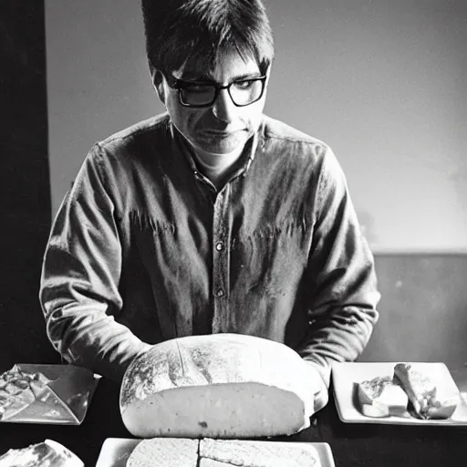 Prompt: steve albini eating a loaf of fresh bread and some good cheese or roast beef, portrait, by francois bucher