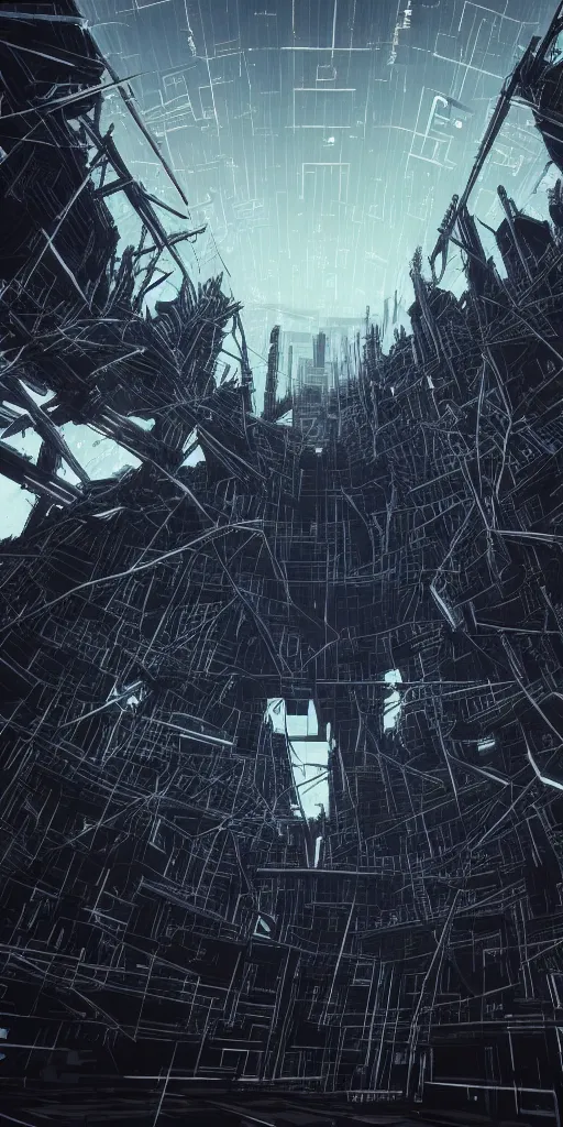 Image similar to wide angle, looking up at artificial megastructures, dystopian cyberspace, construct, landscape, concept art, brutalism, neon lights, in the style of BLAME!