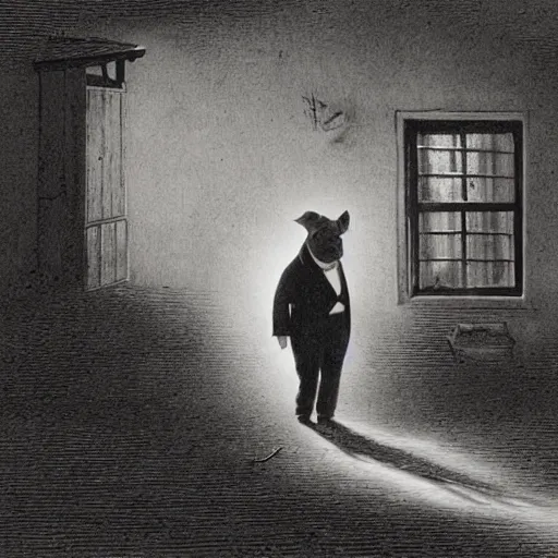 Image similar to pig in a tuxedo walk out of a barn, dramatic lighting, creepy, farm background chiaroscuro, high detail, illustration by gustave dore