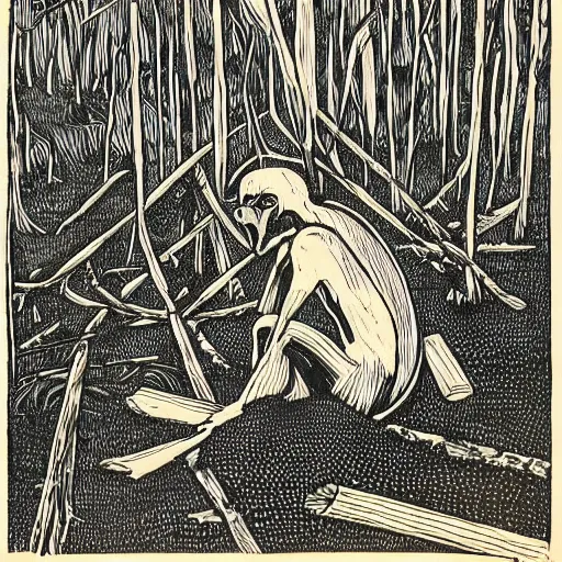 Image similar to the devil sits near a pile of bones in the edge of the woods. Woodblock print. Highly detailed.