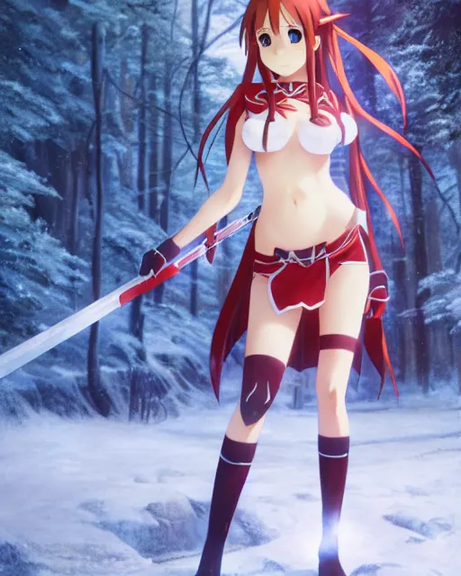 Image similar to photo of asuna from sao in winter location, asuna by a - 1 pictures, by greg rutkowski, gil elvgren, enoch bolles, glossy skin, pearlescent, anime, maxim magazine, very coherent, 3 d render, vray, maya