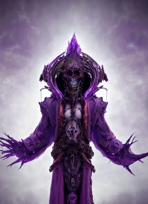 Prompt: character and environment design, ( ( biomechanical ) ) archanist covered in otherworldly dreamy purple magic, tattered!!! robe and hood, blue light, fog, scary, arrogant, hostile, photorealistic, cinematic, hyper realistic, octane render, 8 k, wide angle