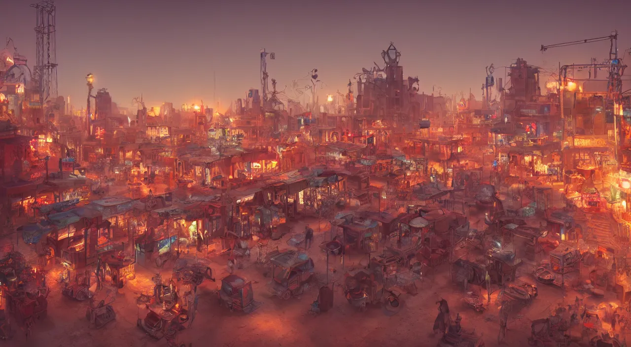 Image similar to a steampunk village in the desert at dawn, junk everywhere, neon lights, neon signs, magical atmosphere, mist, steam, photo realistic, 35mm, Matte painting, octane render, 8k, corona render, movie concept art by albert kiefer