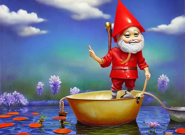 Image similar to a garden gnome sailing in a bucket, whimsical background of a reflective pond on a sunny day with dramatic clouds, an ultrafine detailed painting by mark ryden, trending on deviantart, pop surrealism, whimsical, lowbrow, joyous, perfect symmetrical face