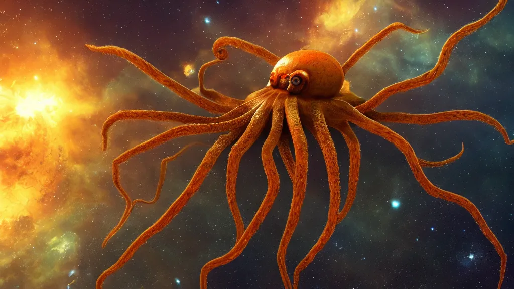 Image similar to spider octopus hybrid on a planet. close bottom view. whole body. nebula background. cinematic composition. cinematic lightning. ultra realistic. 8 k. highly detailled. deep space. ultra realistic details. cinematic atmosphere. studio lighting. shadows. dark background.