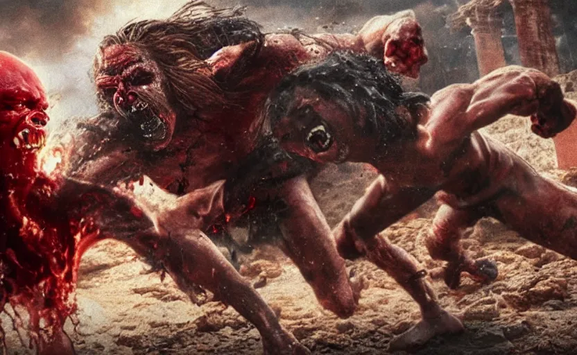 Image similar to hyperrealistic photo of Jesus Christ punching red-skinned Satan devil demon in the face on the floor of the Roman Coliseum, 8k cinematic, epic fight scene, directed by Michael Bay, Doom Eternal, interpretation of Hell on Earth