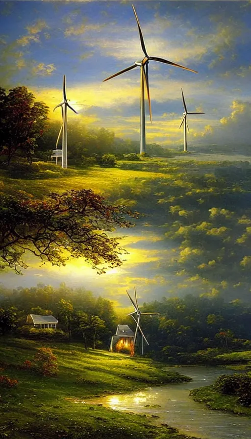 Image similar to beautiful wind turbines, art by thomas kincade