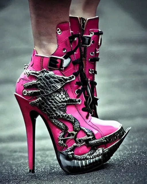 Image similar to stylish shoe design, killer boots, scorpions, spiders, high soles, battle shoes, metal, heavy metal rave shoes