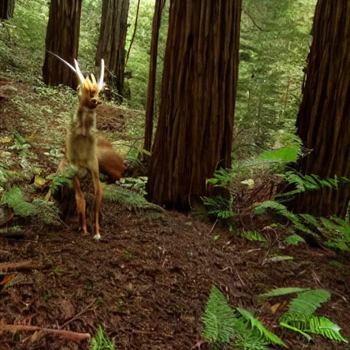 Prompt: trail cam footage of a demonic creature in a redwood forest