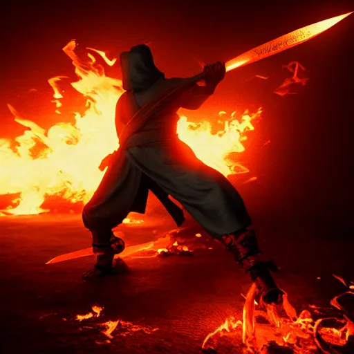 Image similar to a ninja with a sword in a fire background, 3 d render octane, trending on artstation