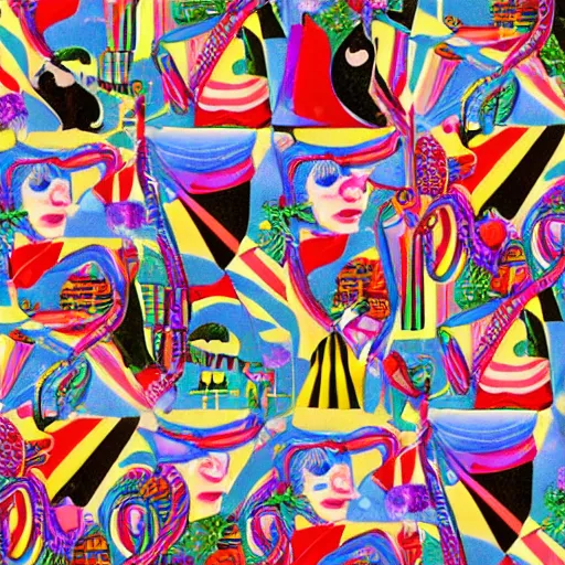 Prompt: candy land collage in the style of Klaus Voormann, 1960s illustration, high quality, peppermint motif