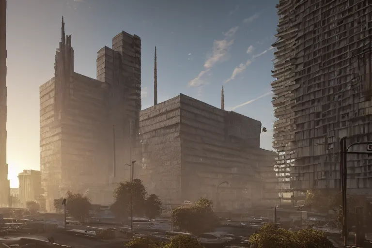 Image similar to streetscape, a towering cathedral of brutalist architecture, buildings covered with greebles, stunning volumetric light, sunset, metal, concrete and translucent material, stunning skies, majestic landscape, trending on Artstation, 8k, photorealistic, hyper detailed, unreal engine 5, IMAX quality, cinematic, epic lighting, in the style of Greg Rutkowski