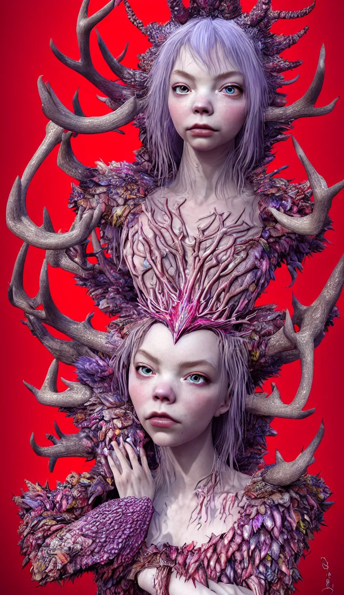 Image similar to hyper detailed 3d render like a Oil painting - kawaii full body portrait Aurora (a beautiful skeksis queen from dark crystal that looks like Anya Taylor-Joy with hooves and antlers) seen red carpet photoshoot in UVIVF posing in scaly dress to Eat of the Strangling network of yellowcake aerochrome and milky Fruit and His delicate Hands hold of gossamer polyp blossoms bring iridescent fungal flowers whose spores black the foolish stars by Jacek Yerka, Ilya Kuvshinov, Mariusz Lewandowski, Houdini algorithmic generative render, Abstract brush strokes, Masterpiece, Edward Hopper and James Gilleard, Zdzislaw Beksinski, Mark Ryden, Wolfgang Lettl, hints of Yayoi Kasuma, octane render, 8k