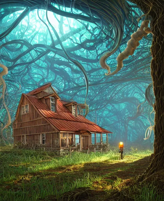 Image similar to a huge schoolhouse made from jellyfish, overgrown with huge exotic fungus, deep in the woods, noon, sun drenched, partly cloudy, by dan mumford, yusuke murata, makoto shinkai, ross tran, cinematic, unreal engine, cel shaded, featured on artstation, pixiv