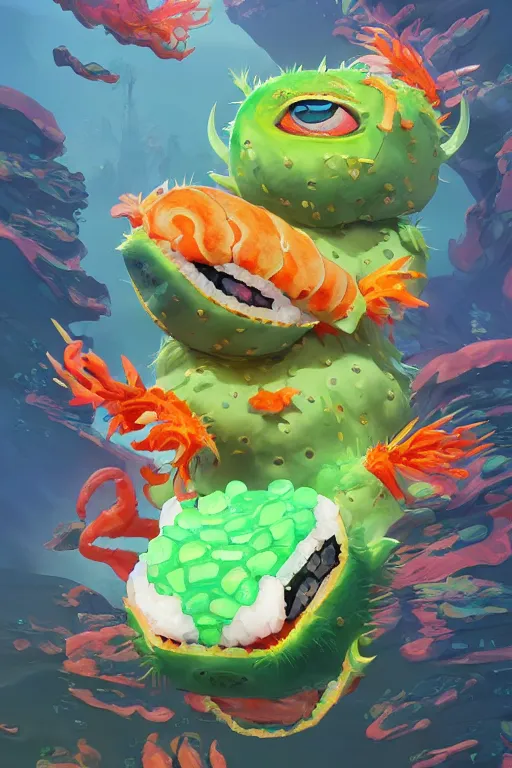 Image similar to 3 d render creature animal sushi cristal very big eye roots cactus elemental flush of force nature micro world fluo fishscale, comics gta 5 cover, official fanart behance hd artstation by jesper ejsing, by rhads, makoto shinkai and lois van baarle, ilya kuvshinov, ossdraws