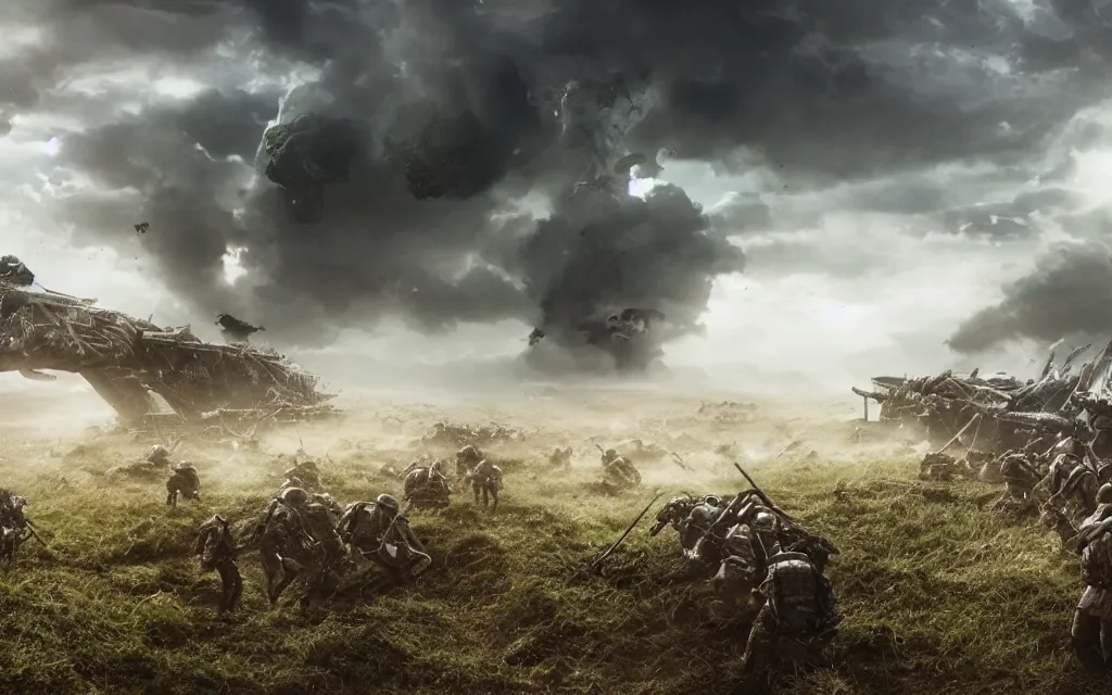 Image similar to fight ww 1 aginst aliens from edge of tomorrow, deep trenches with fortifications, natural landscape, green and blue tones, realistic people, huge ground explosions in the background, alien mothership in the sky, hyper realistic, highly detailed, dramatic lighting, raytarced, god rays, 4 k, 8 k, art by artgem