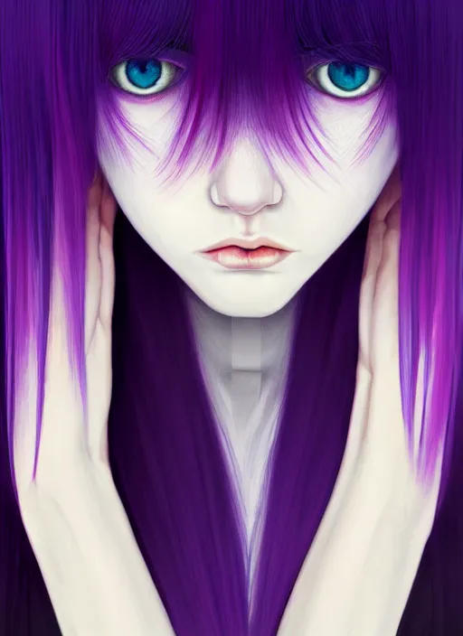 Image similar to hair whitebangs hair, black hair, whitebangs, portrait of teenage girl with white bangs, red irises, purple clothes, white bangs, bangs are different color from hair, intricate, elegant, glowing lights, highly detailed, digital painting, artstation, concept art, smooth, sharp focus, illustration, art by wlop, mars ravelo and greg rutkowski