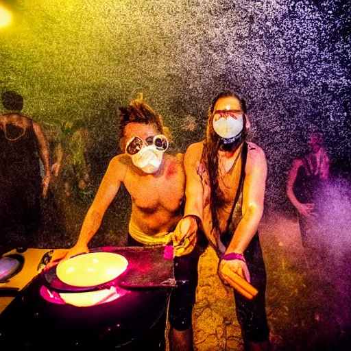 Image similar to scandy and arender, cooking it up, hot hot hot, splash, ahhhhhhh, roomies, bohemian digitals, playing a live gig at ozora festival, night time, colored lights, stroboscope, fog machine, no faces visible, with masks, huge crowd, ecstatic, photorealistic photography