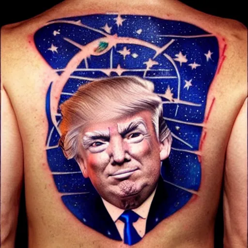 Image similar to tattoo of donald trump holding the universe, black, blue orange, and white ink, detailed, hyperrealistic trending on artstation