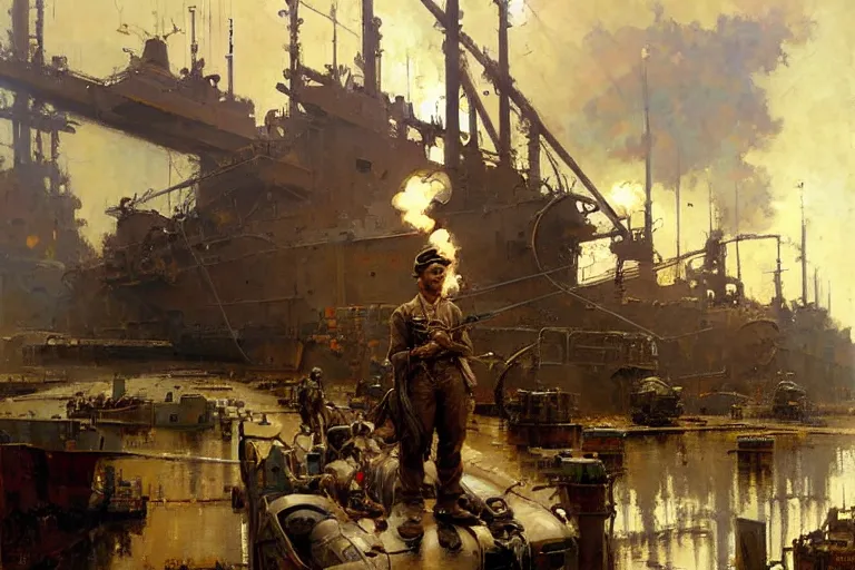 Image similar to us soldier in shipyard dieselpunk painting by gaston bussiere, craig mullins, j. c. leyendecker